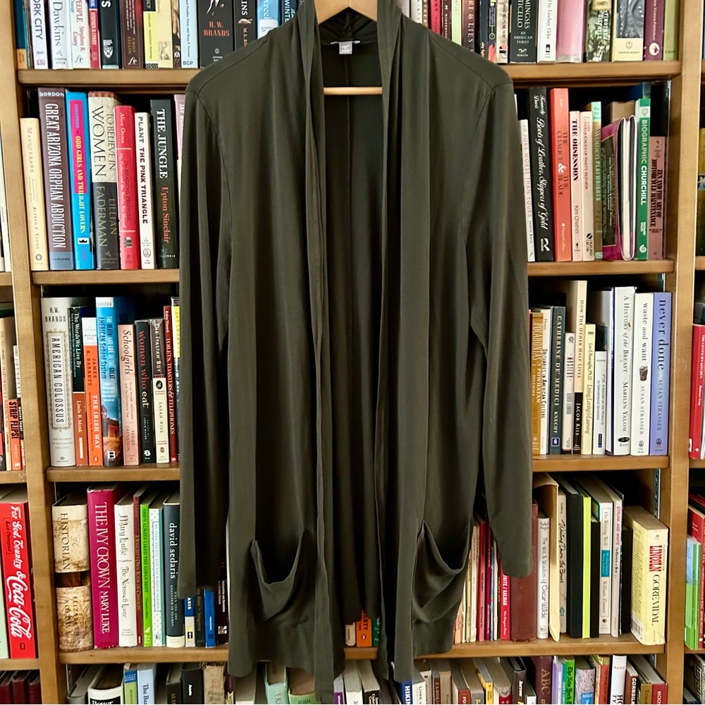 J Jill Olive Army Green Jersey Knit Pockets Open Front Cardigan size XL